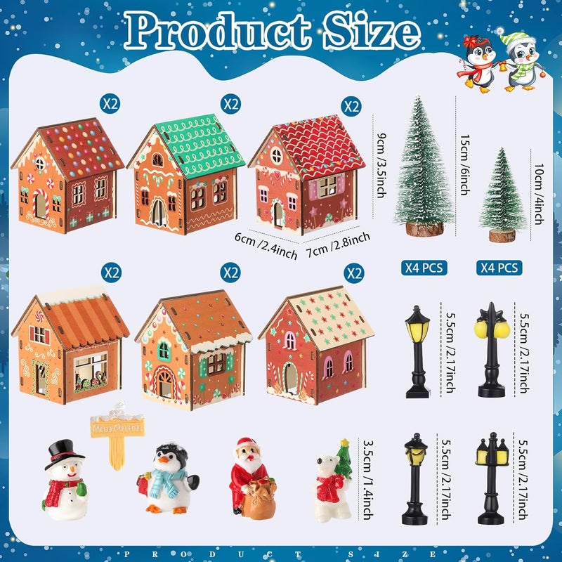 Lunmon 29 Pcs DIY Christmas Village Sets 12 Pcs Wood Village Houses Xmas Scene Figurines Decoration Mini Tree Desktop Ornament for Indoor Room Landscape Xmas Holiday Party Decor(Cute Style) - Image 2